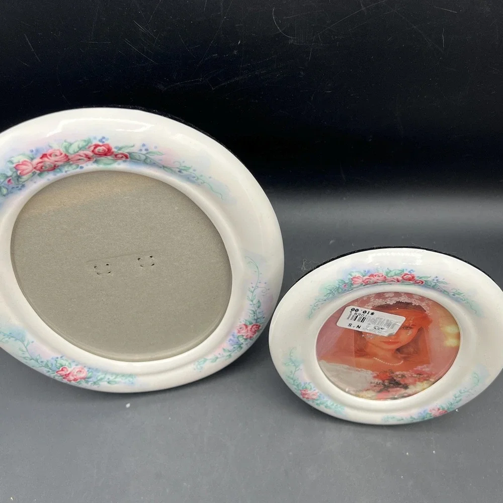VTG Oval Ceramic Picture Frame Pink Floral Design Set of 2 Cottage Core 80s